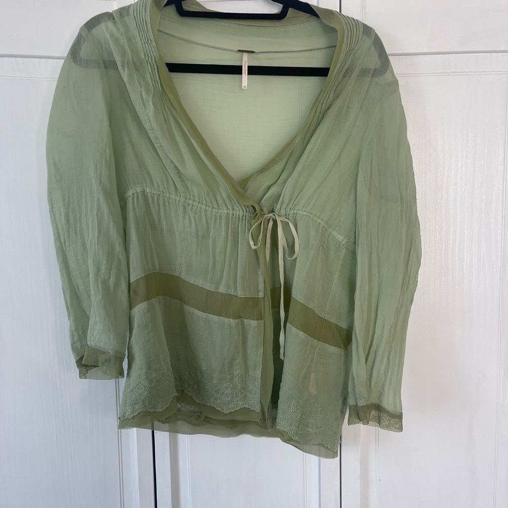 Free People Light Sage Green Sheer Tie-Front Blouse